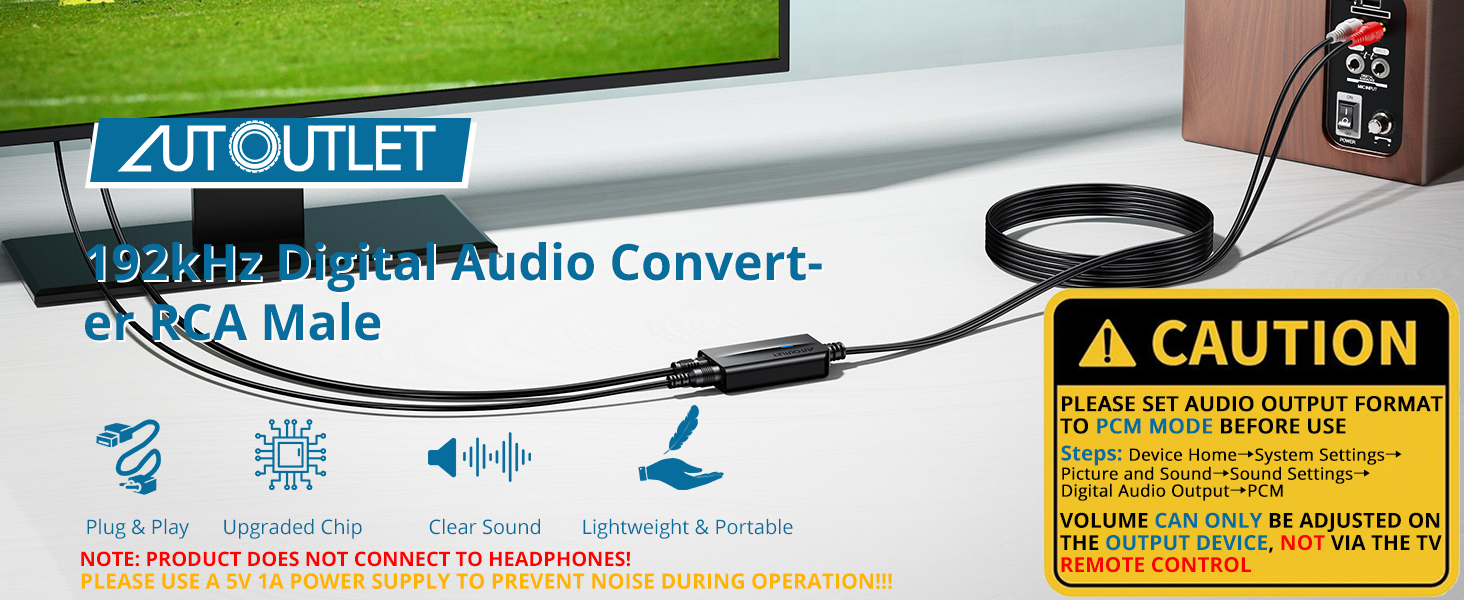 AUTOUTLET 192kHz Optical to RCA Cable
