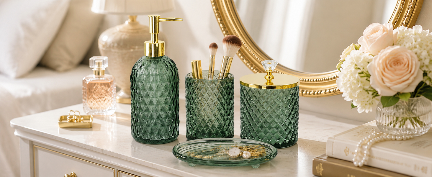 green glass soap dispenser