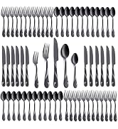 Seeshine Black Silverware Set for 12, 60-Piece Stainless Steel Flatware Set, Shiny Black Metal Cu...