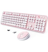 Wireless Keyboard and Mouse Combo, Ergonomic Full Size Typewriter Retro Round Keycaps Keyboard, C...