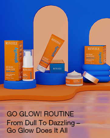Blue background showing three Revuele skincare glow products