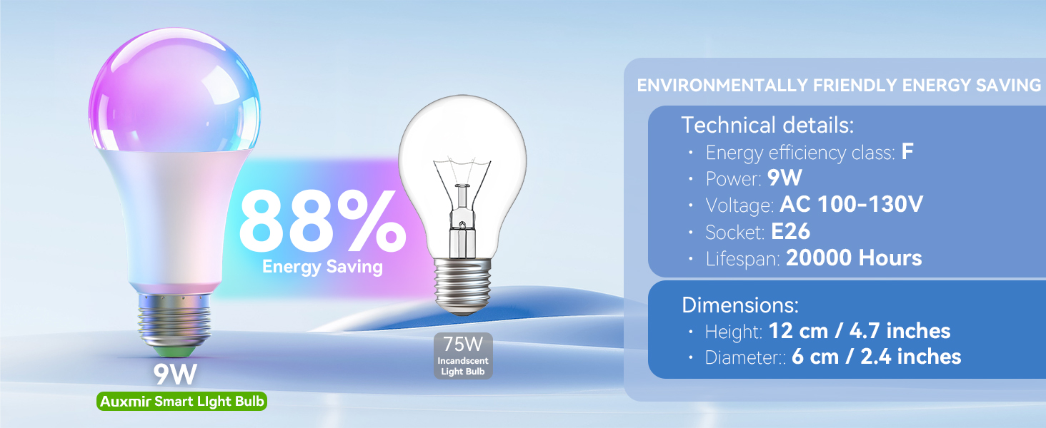 Auxmir 9W smart bulb vs 75W incandescent bulb, 88% energy saving, E27 base, 20000 hours lifespan