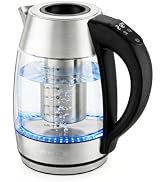 OVENTE 1.7L Glass Electric Kettle with Tea Infuser, Silver KD68S | 1500W Fast Boiling, Easy Fill ...