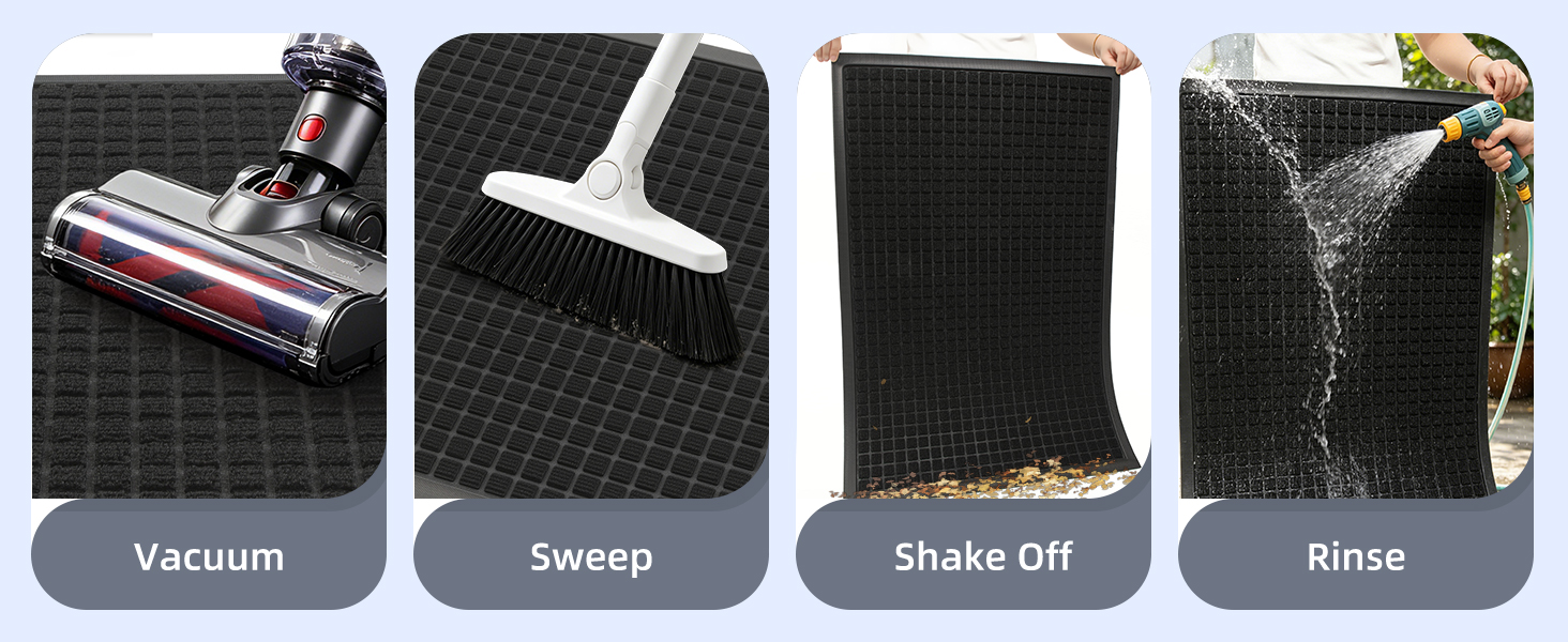 asy to Clean vacuum cleaner, sweep with a broom, pat the backing and shake the mat