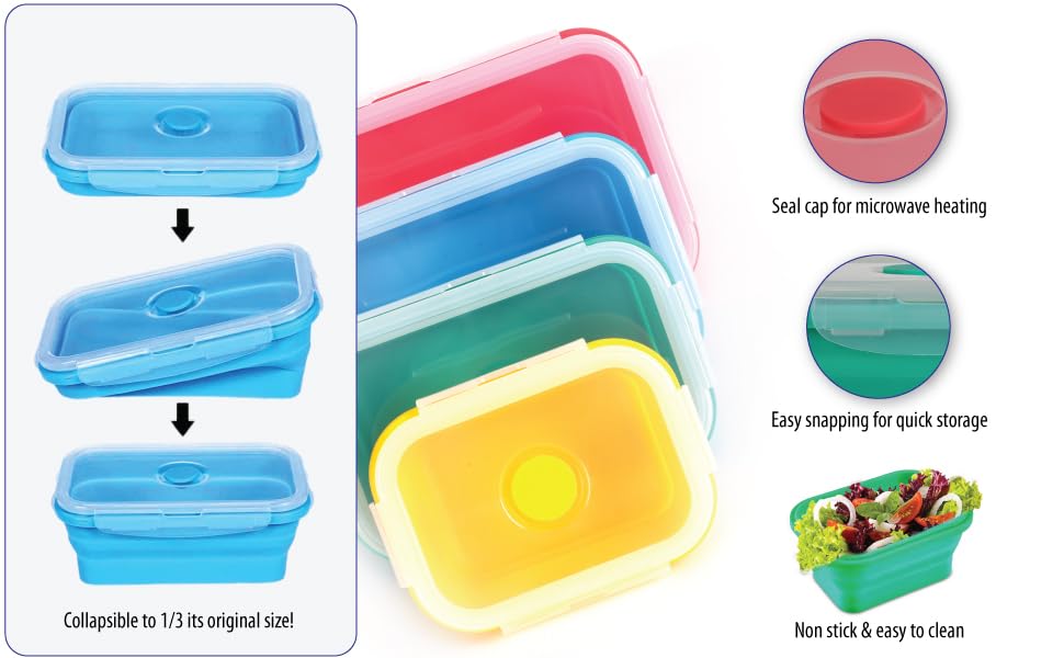 collapsible silicone food storage container BPA plastic lid meal cereal containe bowl kitchen pantry