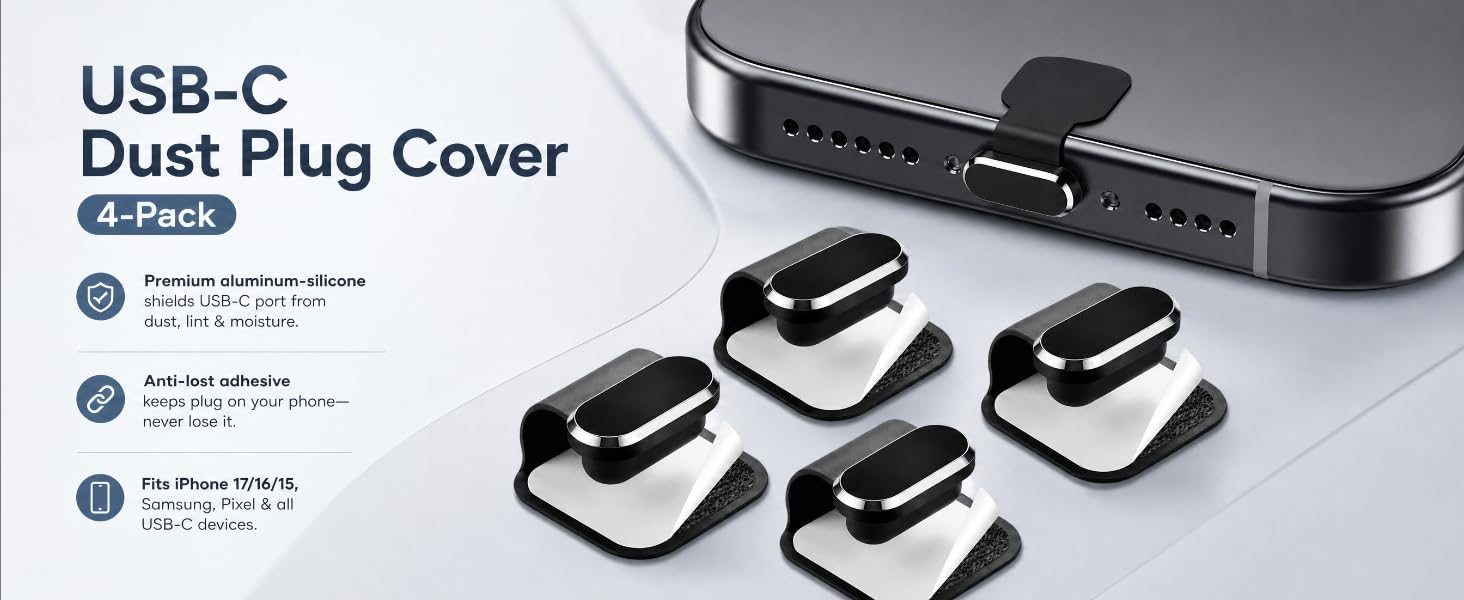 USB-C dust plug on smartphone, minimalist desk, soft light, clean, premium