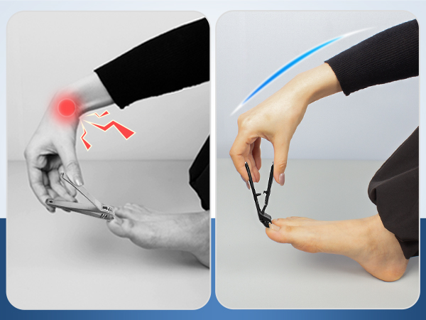 Split image showing a handheld device used on foot. Left panel depicts pain, right panel shows proper usage for potential pain relief or foot care.