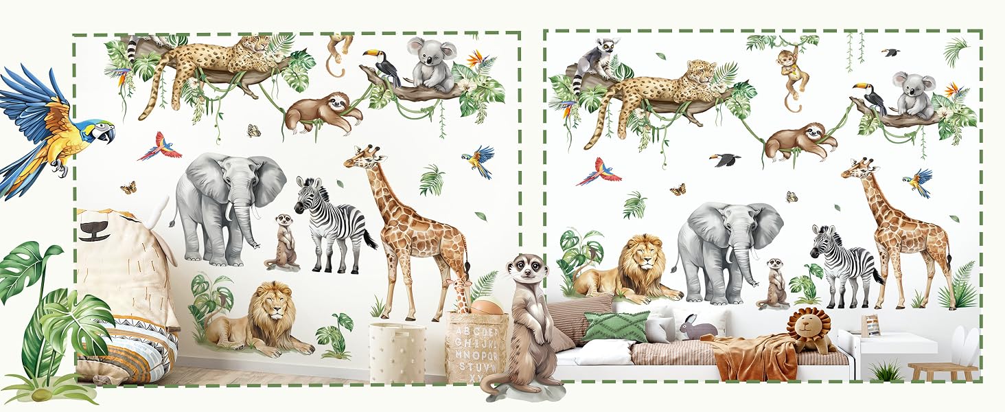 Colorful wall decal set featuring various safari animals including elephants, giraffes, lions, zebras, and birds. Includes tropical foliage and tree elements for a jungle theme.