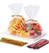 Aegero Cello Cellophane Treat Bags, 200 Pcs 4x6 Inches Clear Cellophane Bags with 200 Twist Ties ...