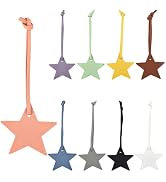 Collection of hanging star-shaped decorations in various colors including pink, green, yellow, brown, and white, displayed against white background.