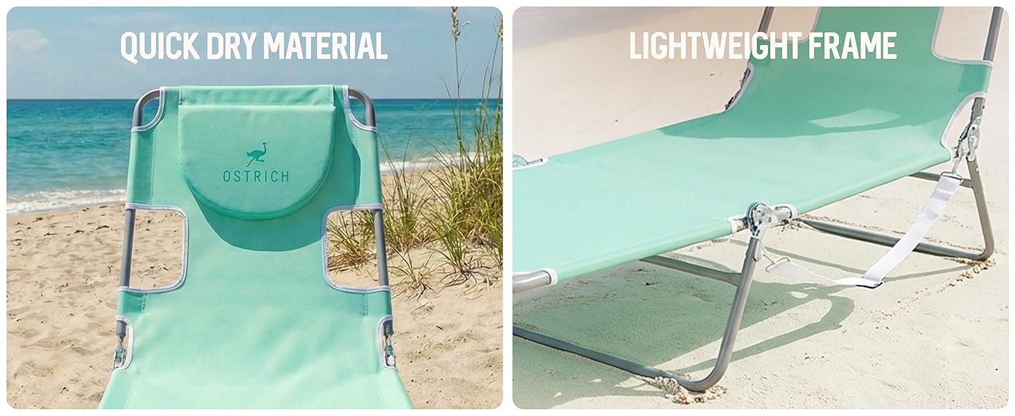 A close-up of a blue beach chair on the beach showing its features.