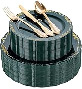 DaYammi 150Pcs Green Plastic Plates with Gold Rim, Green Disposable Plates Set include 30 Dinner ...