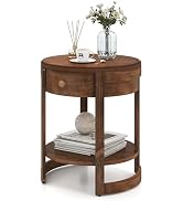 Giantex Round Side Table, 2-Tier Wooden End Table with Drawer and Shelf, Vintage Wood Grain Finis...