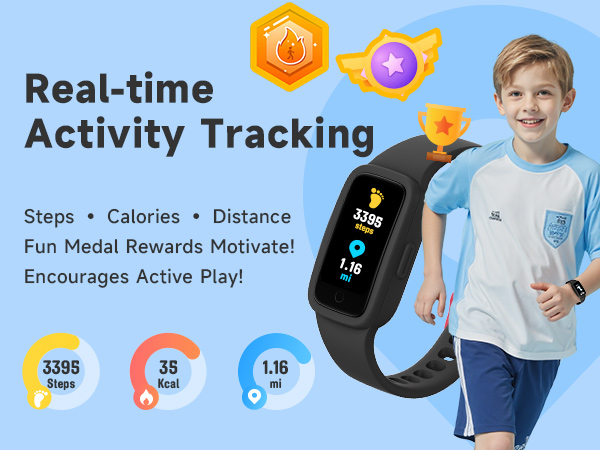 Text reads: 'Real-time Activity Tracking' with 'Steps • Calories • Distance' and 'Fun Rewards Awards Motivate! Encourages Active Play!' Shows fitness tracker device displaying activity metrics.