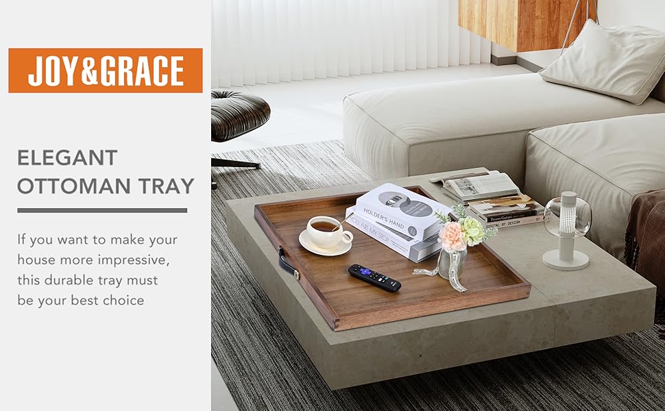 wooden serving tray,ottoman tary,leatehr handle,elegant design,kitchen tray