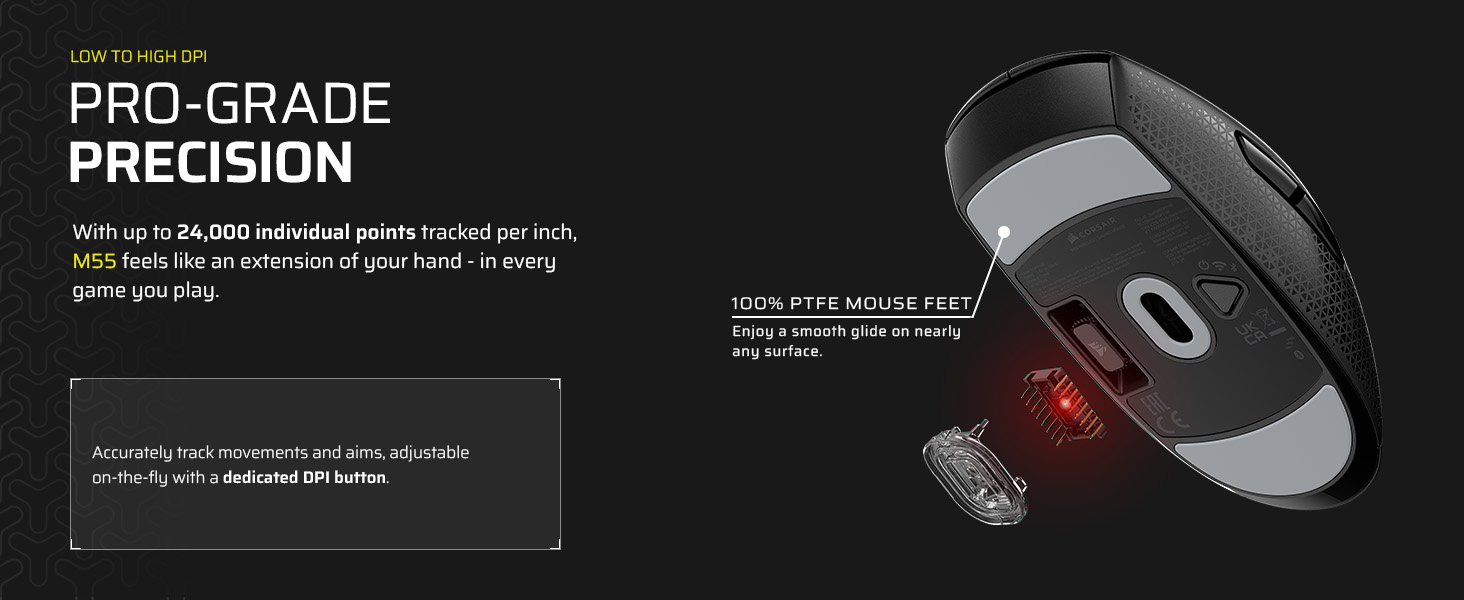 24k DPI optical sensor; PTFE mouse feet; DPI button; low to high DPI; precision mouse