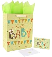 13" Large Light Yellow Gift Bag Set with Greeting Card and Green Tissue Paper(Hello Baby) for Bab...