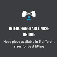 Dual strap and interchangeable nose bridges 5 different sizes for optimum fit