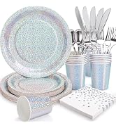 Gudvilla Iridescent Plates Party Supplies-168pcs Iridescent Party Decorations includes Holographi...
