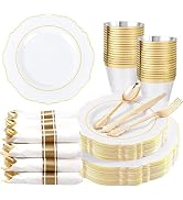 Liacere 175pcs Gold Plastic Plates - White and Gold Disposable, 50PCS Plastic Dinner Plates, Perf...