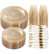 DaYammi 350 Pieces Gold Glitter Dinnerware Set 50 Guest for Party- 50 Dinner Plates, 50 Dessert P...