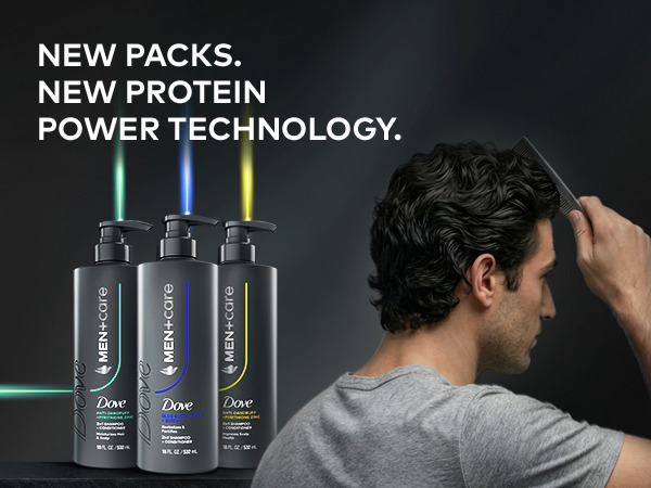 Dove Men Care: A man with dark hair styles, Text reads: "NEW PACKS. NEW PROTEIN POWER TECHNOLOGY."