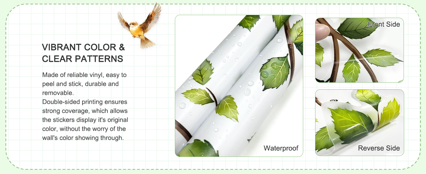 Product information graphic showing green leaf patterns and text about vibrant color and waterproof features.