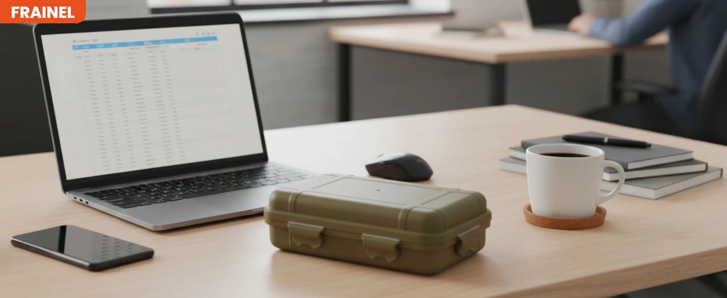Compact case on office desk with laptop and coffee