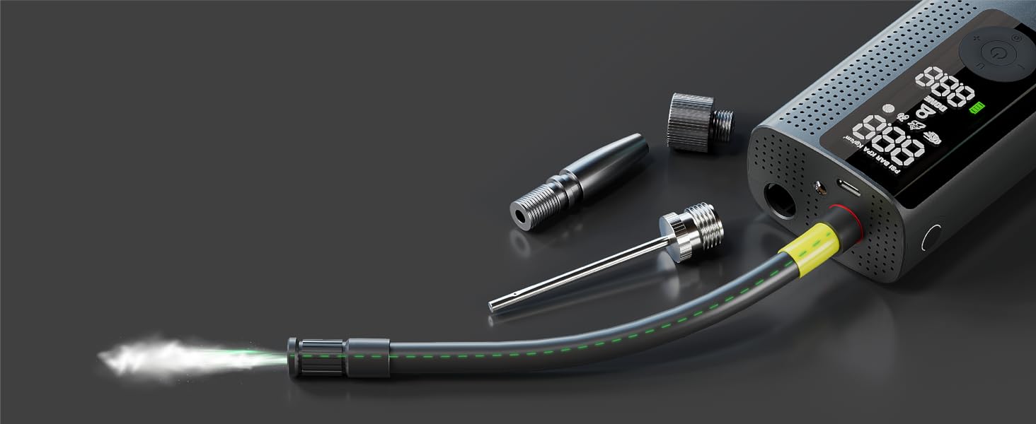 Airmoto hand held air compressor inflating SUV tire, ideal for emergency roadside use