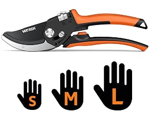 Black and orange pruning shears with curved blades and ergonomic handles. Below shows three black hand icons with orange 'M' letters indicating grip positions or size options.