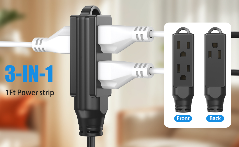 1 FT Short Extension Cord, HITRENDS 3 Outlet Extension Cord, 3 Prong Grounded Wire