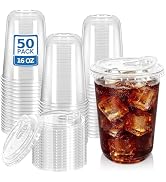 LIKAJON 50 Clear Plastic Cups with Strawless Sip Lids, 16 oz Disposable Iced Coffee Cups with Lid...