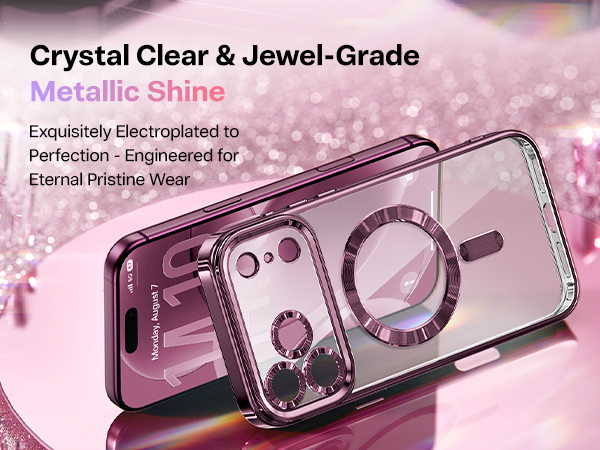 Text reads "Crystal Clear & Jewel-Grade", "Metallic Shine", "Exquisitely Electroplated to Perfection - Engineered for Eternal Pristine Wear". Purple metallic phone case with protective ring stand and transparent back displayed on pink background.