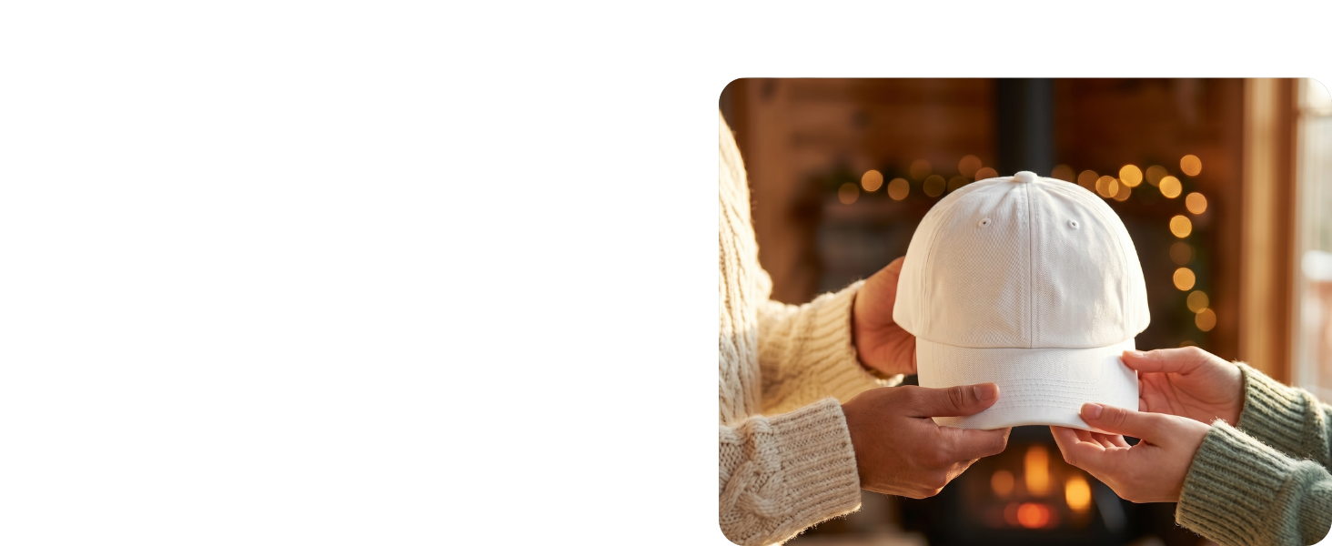 Two hands exchanging a plain blank white dad hat as gift.