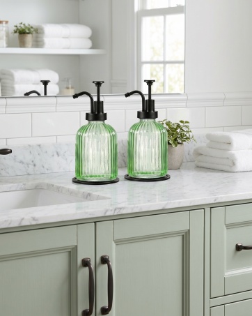 green glass soap dispenser