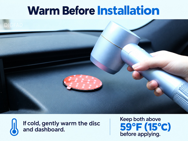 If cold, gently warm the disc and dashboard above 59°F (15°C) before installation.