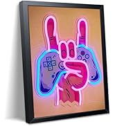 Neon Gaming Wall Art Framed Canvas Print, Rock Hand Gesture with Game Controller Poster, Pink Pur...