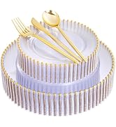 LIYH 150 Pcs Clear and Gold Plastic Plates - Elegant Disposable Gold Plastic Dinnerware set Inclu...