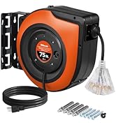 WILAWELS Retractable Cord Reel, 75 FT Heavy Duty Extension Cord, 14AWG/3C SJTOW, 3 Grounded Outle...
