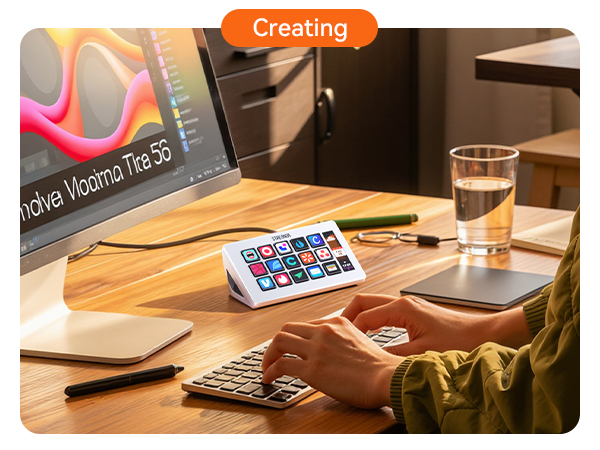 Text reads "Creating". Workspace scene with laptop, tablet, smartphone, notebook, pen, cup, and brown leather organizer on wooden desk with colorful background.