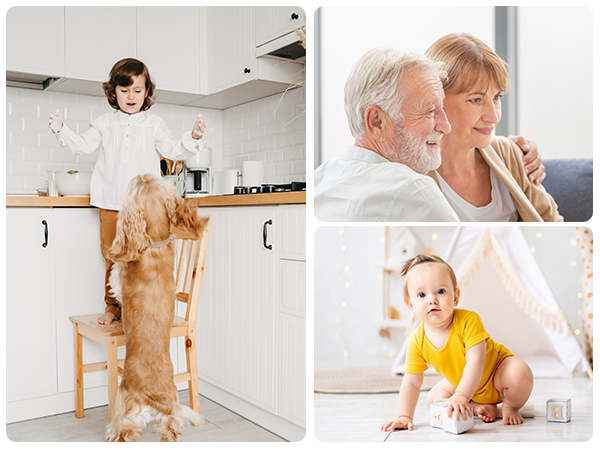 Three-panel image: cat reaching into kitchen cabinet, two people drinking from mugs, baby crawling on floor.