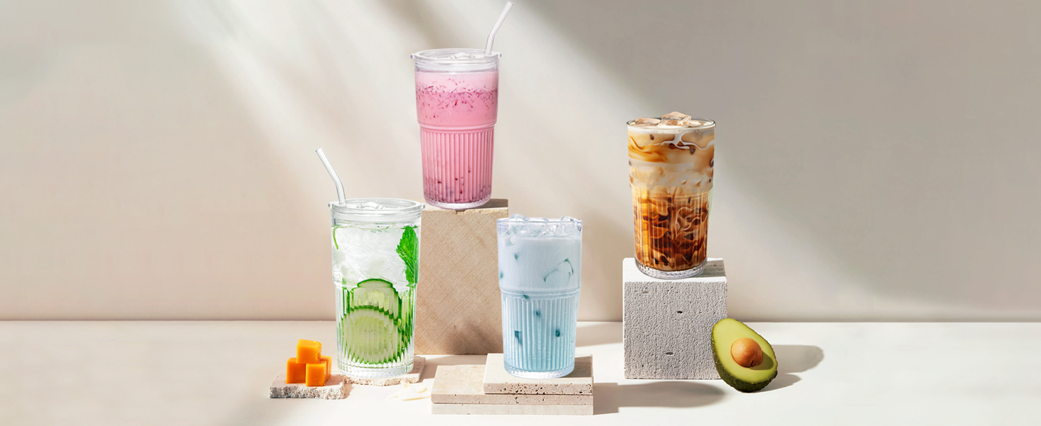 glass cup with lid and straw