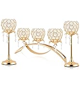 Kehail Set of 3 Gold Crystal Tea Light Candlestick Holders Flower Shape with Crystal Pendant Bowl...