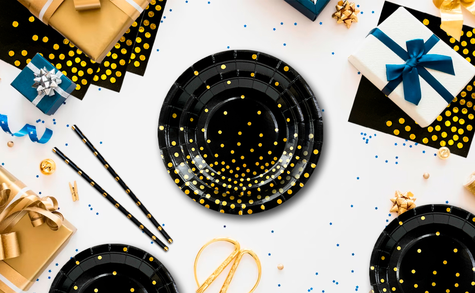 black and gold party tableware