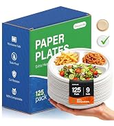 Compostable Paper Plates: 9 Inch 125 Pack 3 Compartment Heavy Duty Disposable Paper Plate - Unble...
