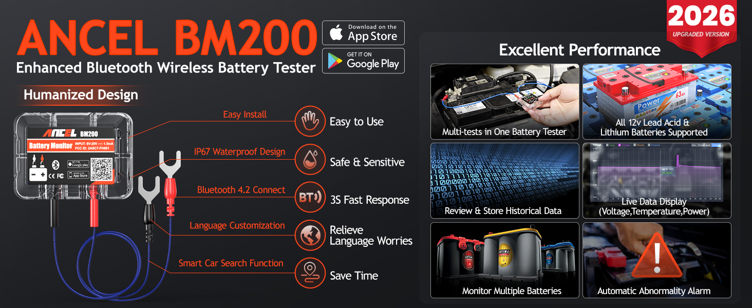 ANCEL BM200 12V Car Battery Tester, Bluetooth 4.2 Automotive Battery Monitor Auto Load Analyzer