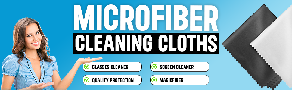 Text reads 'MICROFIBER' and 'CLEANING CLOTHS'. Product advertisement showing cleaning cloths and their application in different cleaning scenarios.