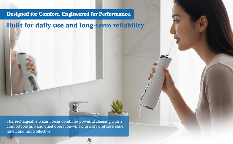 Person using KAMEX cordless water flosser in the bathroom as a part of a daily oral care routine