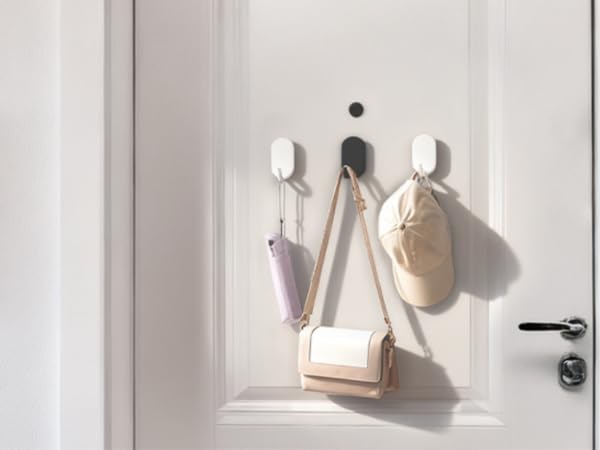 White door with mounted hooks showing practical storage solution, with various items including bags and accessories hanging organized on hooks.