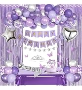 Purple Birthday Decorations for Women Girls, Lavender Purple Silver Foil Balloons Table Cloth Sas...